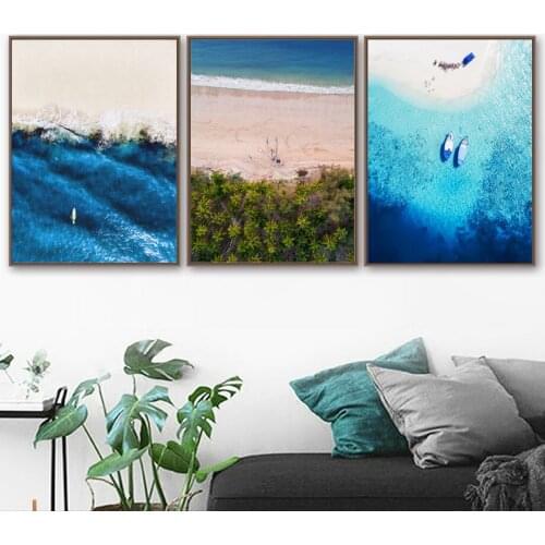 Azure Blue Sea Beach Tree Ship Landscape Wall Art Canvas Painting Nordic Posters And Prints Wall Pictures For Living Room Decor