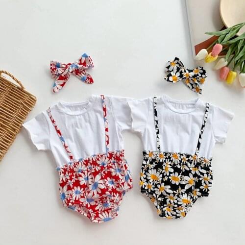 2021 Summer New Girls Set Short Sleeve O-Neck Top And Floral Overalls Casual 2 Pcs Clothes