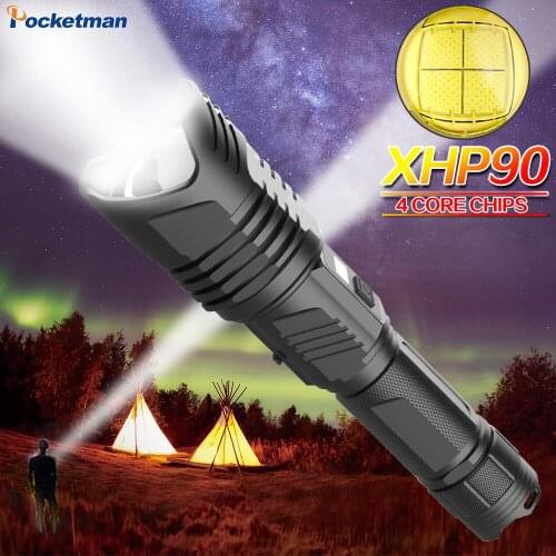 New Super Bright XHP90 LED Flashlight USB Rechargeable Flashlight Zoom Torch Waterproof Torch Use 18650/26650 Battery