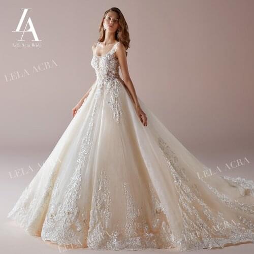 Charming Appliques Flowers Wedding Dress Scoop Sleeveless Ball Gown Princess Court Train LelaAcra NZ64 Bride Vestido De Noiva