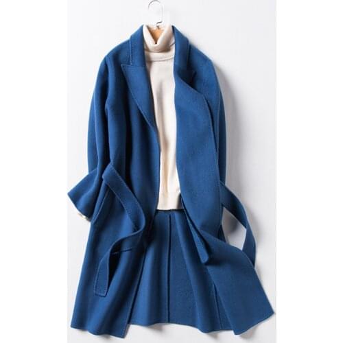 Autumn Womans Winter Wool Coat Solid Adjustable Waist Coat lapel Blue long female elegant Woolen Open Front Parka Belt Coat