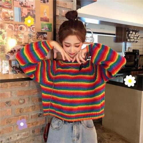 Autumn and winter new womens Korean loose casual sweater womens pullover striped color short knit sweater women
