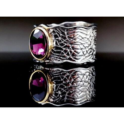 Gold-Plated 925 Thai Silver Two Color Amethyst Ring Retro Corrugated Ring Female Fashion Lewelry Girlfriends Gift Accessories