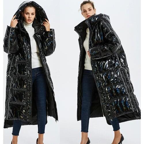 Glossy patent fabric down coats Winter Luxurious quality glossy down coat female hooded collar oversize thicker warm down coats