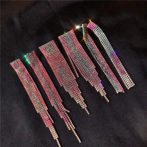 Rongho Hiphop Rainbow Crystal Tassel Earrings for Women Hyperbole Club Jewelry Colorful Rhinestone Tassel Pendant Femme Brincos