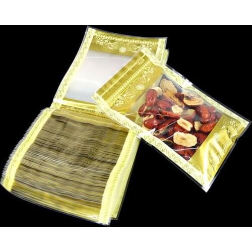 Retail 12*20cm 100Pcs/Lot Ziplock Gold Clear Packaging Bag With Window Self Seal Plastic Food Packing Bags For Food Package Bag