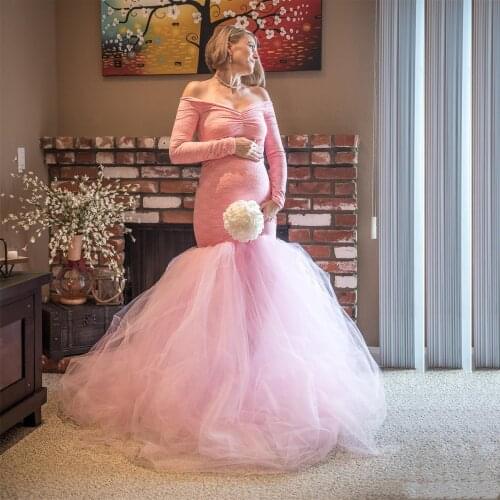 Pink Bodycon Baby Shower Dress Stretchy Lace Tulle Maternity Photo Shooting Maxi Dress Floor Length
