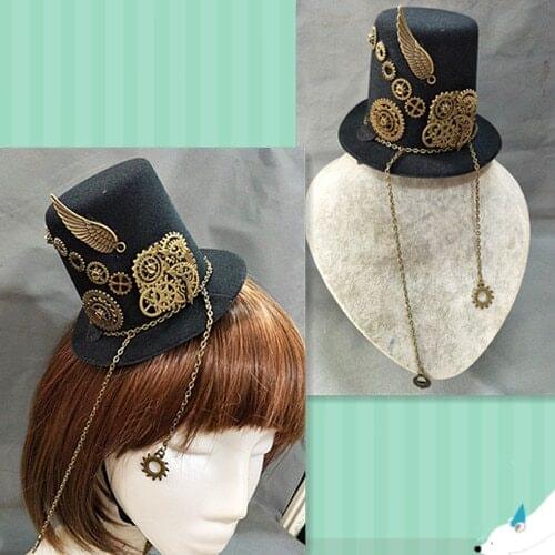 Handmade Black Fascinator Vintage Steampunk Feather Alloy Gears Chain Top Hat Gothic Lolita Fancy Show Party Headwear Hairpins