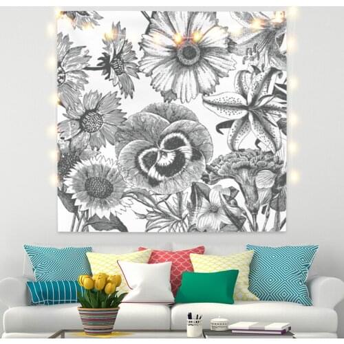 Silver Gray Flowers White Tapestry Vintage Exotic Summer Plant Nature Frame for Bedroom Photography Wall Decor