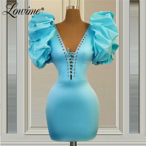 Blue Short Party Dress V Neck Formal Evening Dresses 2021 Puffy Sleeves Mimi Evening Gown Custom Made Satin Prom Dresses Vestido
