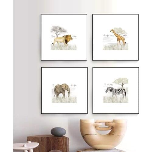Modern Elephant Long-necked Deer Lion Spot Horse Wild Animal Art Print Posters Canvas Painting For Kids' Room Decor Unframed