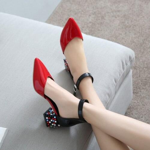 Women Heel High Shoes Pumps Square Ladies Platform Round Toe T-tied Square Heel Wedding Dress Shoes zapatos de mujer U22-35