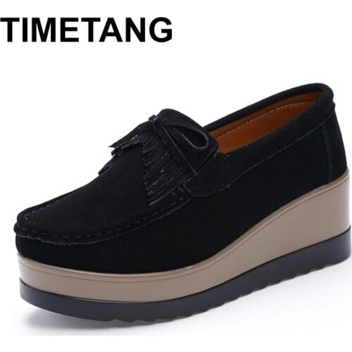 TIMETANG Autumn Women Platform shoes leather suede plush slip on sneakers chaussure woman tassel fringe loafers women shoes E003