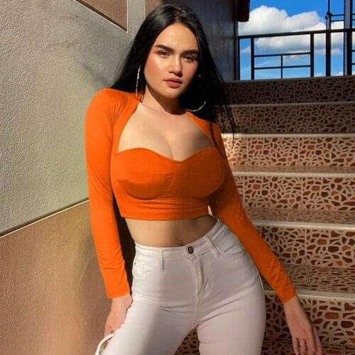 Women Pullover T shirt Solid Color V-Neck Long Sleeve Crop Top for Summer Fall Black Purple Orange Coffee
