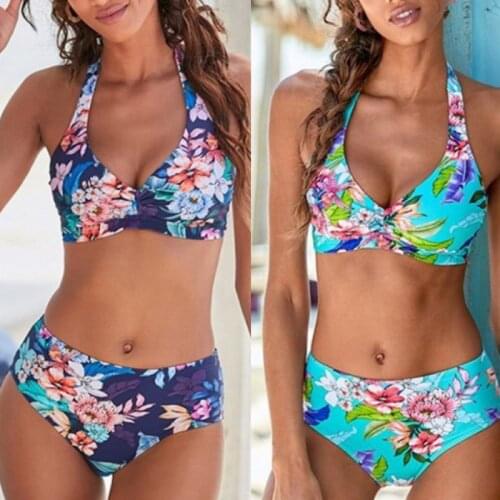 2021 Women Sexy Boho Folk Style Print Lace Up Halter Bikini Set Swimsuit Push Up Bandage Swimwear Beach Bathing Two-Piece Suits
