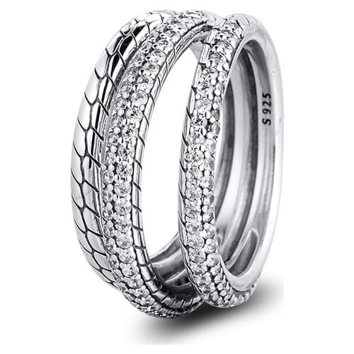 100% 925 Sterling Silver Jewelry Triple Band Pave Snake Chain Pattern Ring for Women Party Wedding Free Shipping