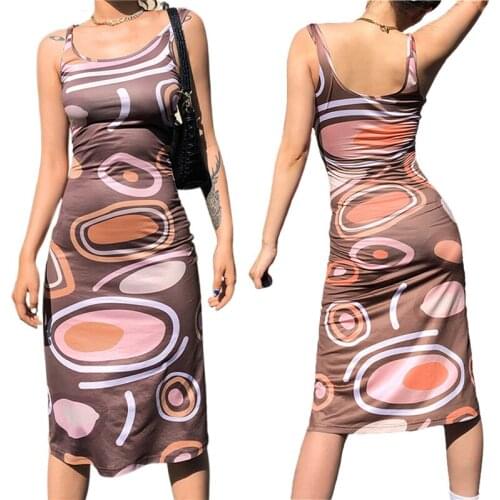 Women’s Casual Printing Sleeveless Tight Maxi Dress Fashion Contrast Color U-neck Long Dress Summer Slim Sundress For Daily Wear