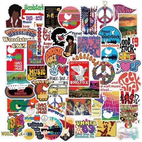 10/50pcs Woodstock rock music festival Stickers For Children Decals For Suitcase Guitar Fridge Car Gifts DIY Toys Decals