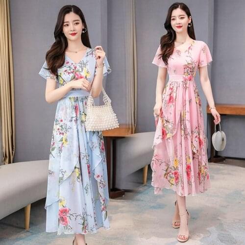 2020 new Summer Dresses Korean Fashion temperament V-neck high waist printed Chiffon Floral Dress For Women m425