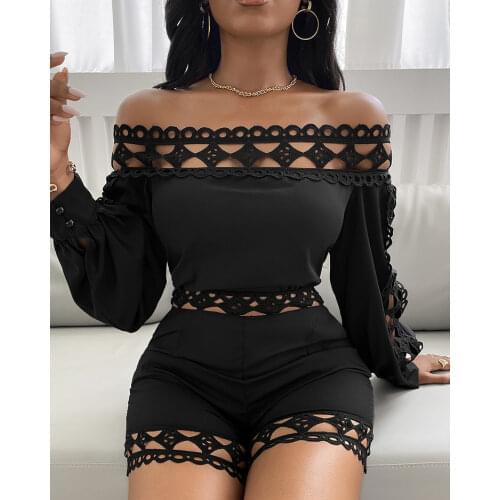 Chicme Solid Color Fashion Off Shoulder Lattice Detail Romper 2021 Summer Fashion Hollow Out Long Sleeve Bodycon Street Wear