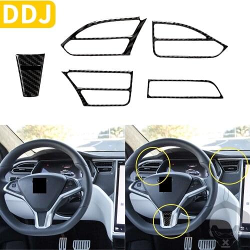 5 Pcs For Tesla Model S/X S X Trim Sticker Center AC Air Vent Steering Decoration Real Carbon Fiber Interior Set Accessories