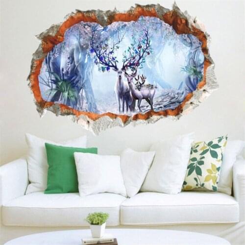 Fantastic forest deer tree through wall stickers home decor living room 3d vivid scenery wall decals art pvc posters diy mural