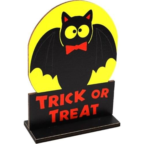 Trick Or Treat Letters Wooden Sign Halloween Table Decoration Cartoon Bat Moon Backdrop Rustic Party Desktop Ornament
