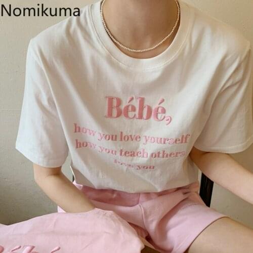 Nomikuma Korean Chic Letter Printed T Shirt Women O Neck Vintage Tops Loose All-match Short Sleeve Tshirts Graphic Tees Female