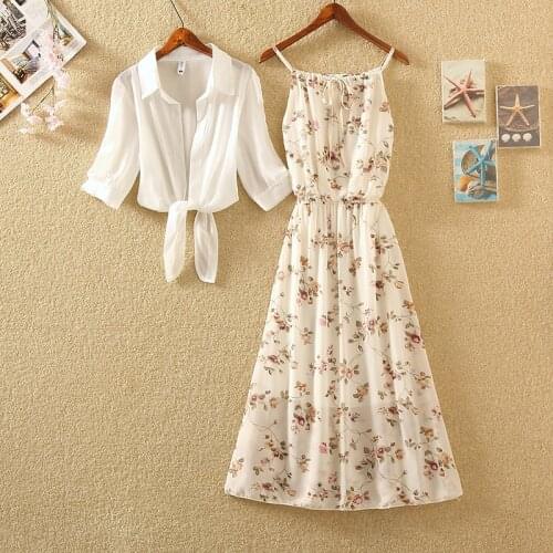 2021 Summer New Chiffon Two Pieces Sets Women Lantern Sleeve Bow Tie Blouse Shirt Top +Long Flower Printed Spaghetti Strap Dress