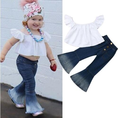 2020 Summer Fashion Toddler Baby Kids Girl Clothes White Crop Top+Denim Flare Pants Bell Bottoms Outfits Set 2-7Y