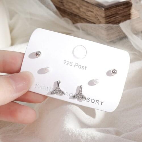 Dainty Fishtail Pearl Zircon Stud Earrings Set For Women Round Ball Silver Color Earrings Set Party Jewelry Gift Wholesa S-E1239