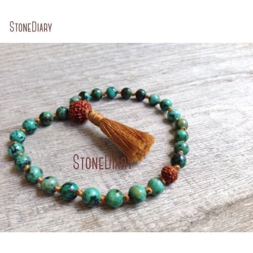 Hand knotted African Turquoises & Rudraksha 27 Bead Pocket Quarter Mala Bracelet Mantra Meditation Prayer Beads Bracelet BM11068