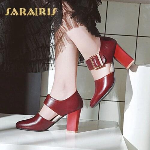 SaraIris Square High Heel Mary Jane Style Buckle Decoration Party Wedding Office Shoes Woman Pumps Larges Size 31-48