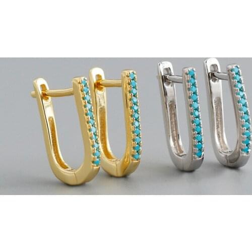 YPAY 100% Genuine 925 Sterling Silver Hoop Earrings for Women Blue Turquoise U Shape Brinco Jewelry YME907