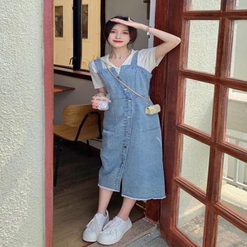 Suspender Skirt Womens Summer Slightly Fat Broadband Denim Skirt Dress Summer Womens 2021 New Waist Closing Design