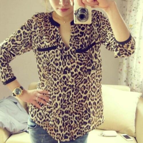 Long Sleeve Shirt Women Leopard Print Long Sleeve Chiffon Shirt Slim Pocket Casual Blouses Xl Camiseta Mujer Verano #P3