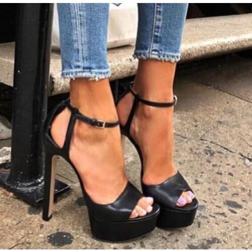 Moraima Snc Black Leather Open Toe High Heel Shoes Sexy Peep Toe Plaform Sandal for Woman Summer Ankle Strap thin heels Shoes