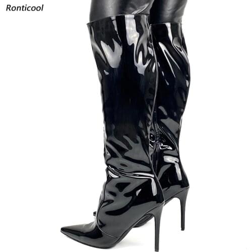 Ronticool Women Winter Knee Boots Patent Leather Full Side Zipper Stiletto Heel Pointed Toe Black Party Shoes Plus US Size 5-15