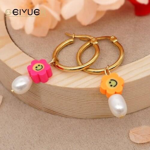 2021 Smiley Face Earrings Ethnic Style Cute Real Pearl Drop Dangles Earring for Women Jewelry Stainless Steel Hoop Summer Earing