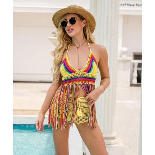 Ladies Beach Swimming Pool Vacation Pure Hand Crocheted Color Matching Tassel Swimsuit Multicolor One Size