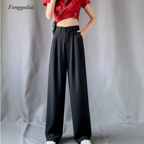 Womens Suit Pants Ladies Black Summer High Waist Wide Leg Loose Pants Full Length Semi Elastic Waist Straight Pants Plus Size