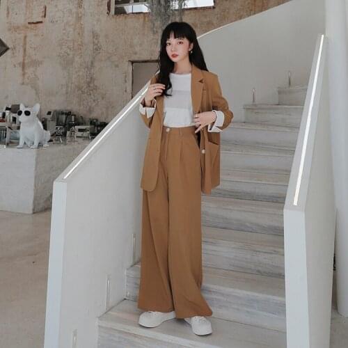 Women Two Piece Suit Sets Fashion Korean Loose Solid Color Suit Jacket Coat High Waist Wide Leg Pants Outfits Spring Autumn 2021
