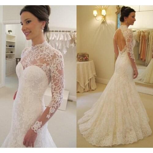 Vestidos de novia Romantic Long Mermaid Wedding Dresses 2020 White Lace Applique Long Sleeve Sexy Backless Bridal Gowns