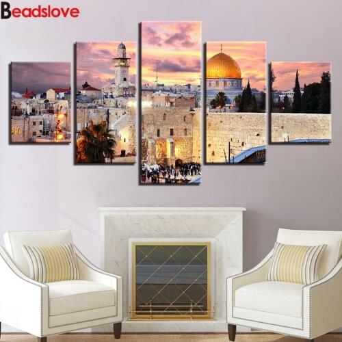 Diamond embroidery Mecca Mosque Islamic Wall Art full square round drill diamond painting 5d diy 5 pcs mosaic religion