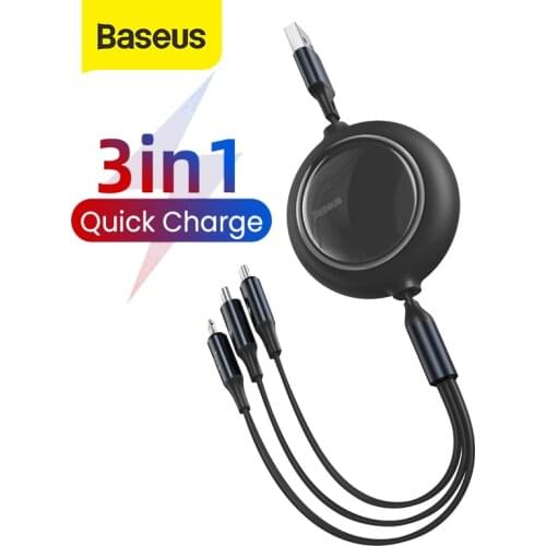 Baseus 3 In 1 USB Charge Cable for iPhone 12 Micro USB Type C Cable Retractable Portable Charging Cable For iPhone X 8 Samsung