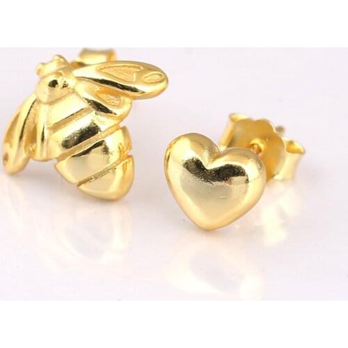 Shine Heart & Bee Stud Earrings 925 Sterling Silver Jewelry For Woman Make up Fashion Female Earrings Party Jewelry