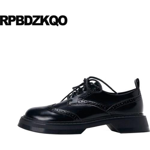Brogue oxfords shallow lace up designer shoes women luxury 2019 flats fashion genuine leather round toe patent black chinese