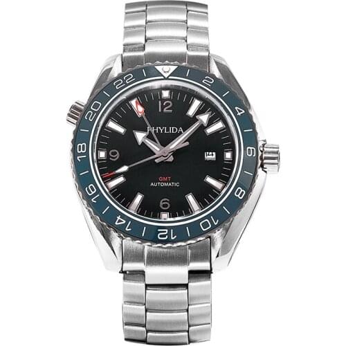 PHYLIDA 3bar Blue Male Gmt Double-Time Automatic Orologio Uomo Watch Waterproof Sapphire Crystal Blue Ceramic Gift for Man