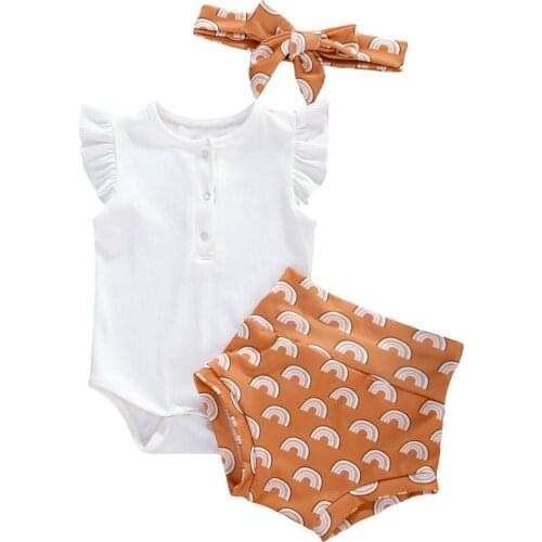 Pudcoco Baby Girl Floral Clothes Sets Summer Baby Girls Ruffles Short Sleeve Romper Tops + Sun Flower Printed Shorts + Headband