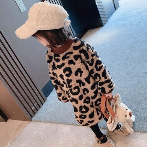 DFXD Baby Girls Dress Winter Kids Fashion Long Sleeve Fleece Straight Leopard Dress Thicken Warm Kids Dresses Children Clothes